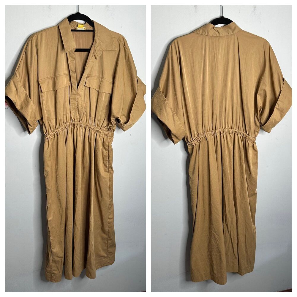 Maeve Anthropologie Taupe Utility Shirt Dress Midi Length Size Large - Picture 2 of 12